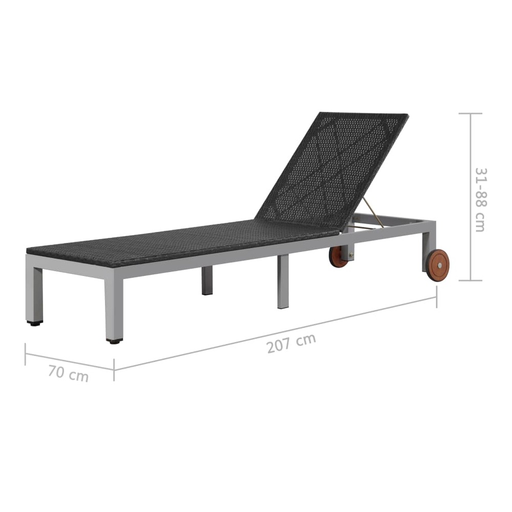 Transat chaise longue bain de soleil lit de jardin terrasse meuble d'extérieur avec roues résine tressée noir