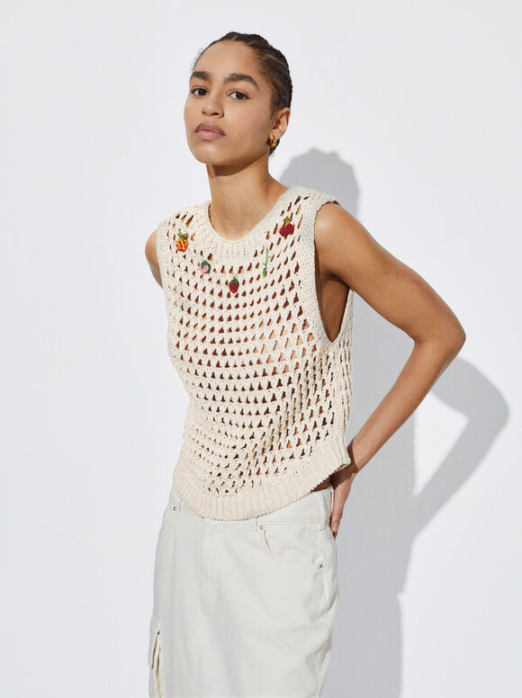 Blusa de malha aberta com aplicações - Bege