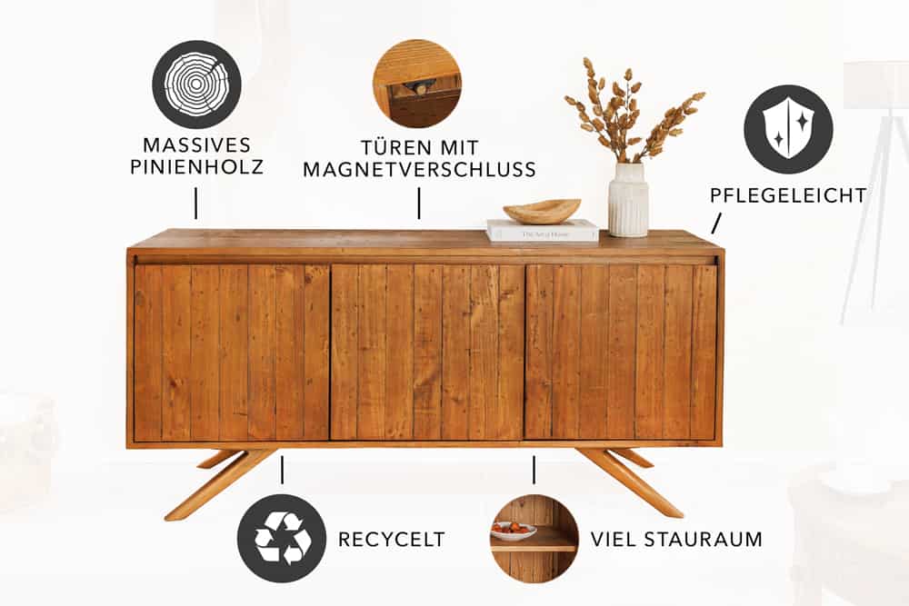 Massives Sideboard FINCA 150cm vintage braun recyceltes Pinienholz