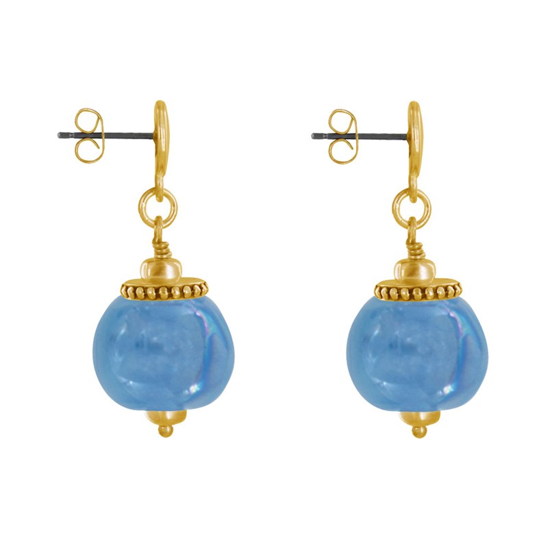 Boucles d'Oreilles Clous Métal Doré et Grosses Perles en Céramique