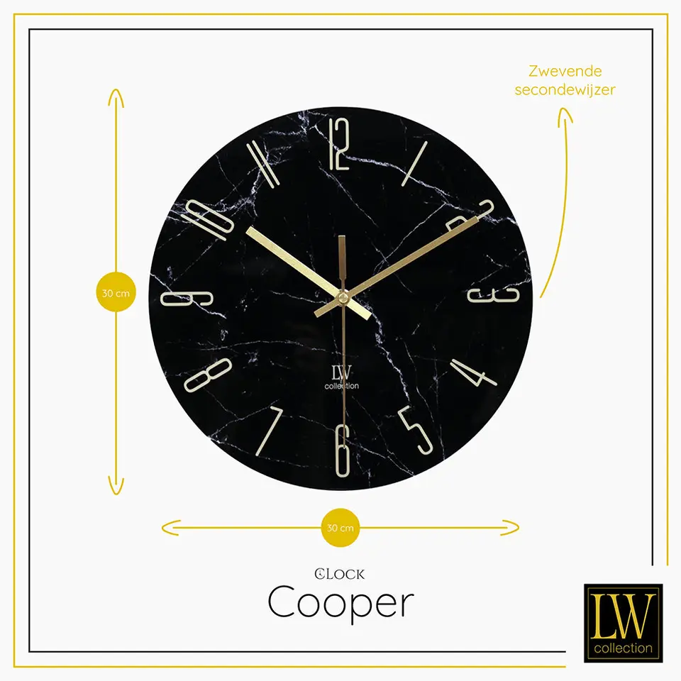 LW Collection Keukenklok Cooper zwart marmer 30cm