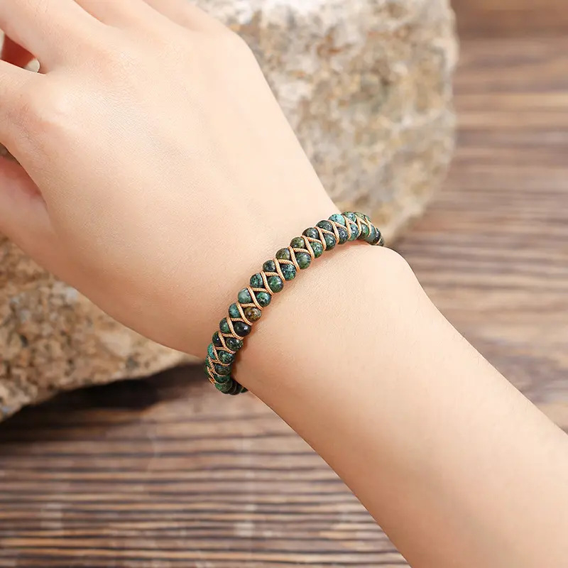 (160-235mm) Geflochtenes Nylon Naturstein Armband Edelstein Modeschmuck Armkette - Afrikanischer Türkis