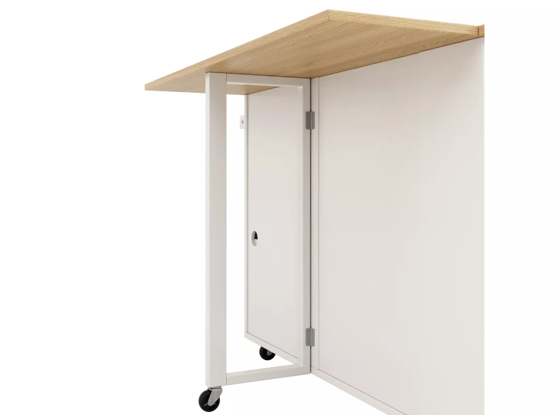 Ilot central de cuisine - chariot à roulette avec prises - avec plan extensible - 2 portes 2 tiroirs et casiers à vin - Blanc