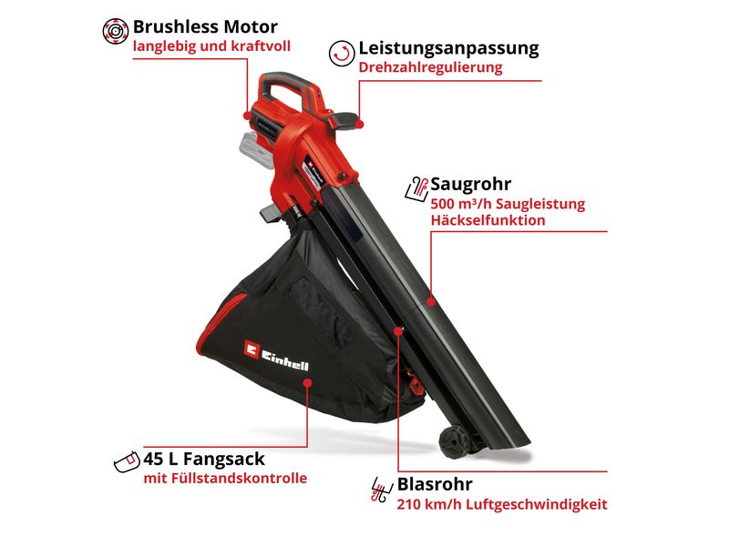 Einhell Akku-Laubsauger Venturro 18/210 Kit (1 x 4.0Ah) Befreit Garten und Hof von Laub und Schmutz