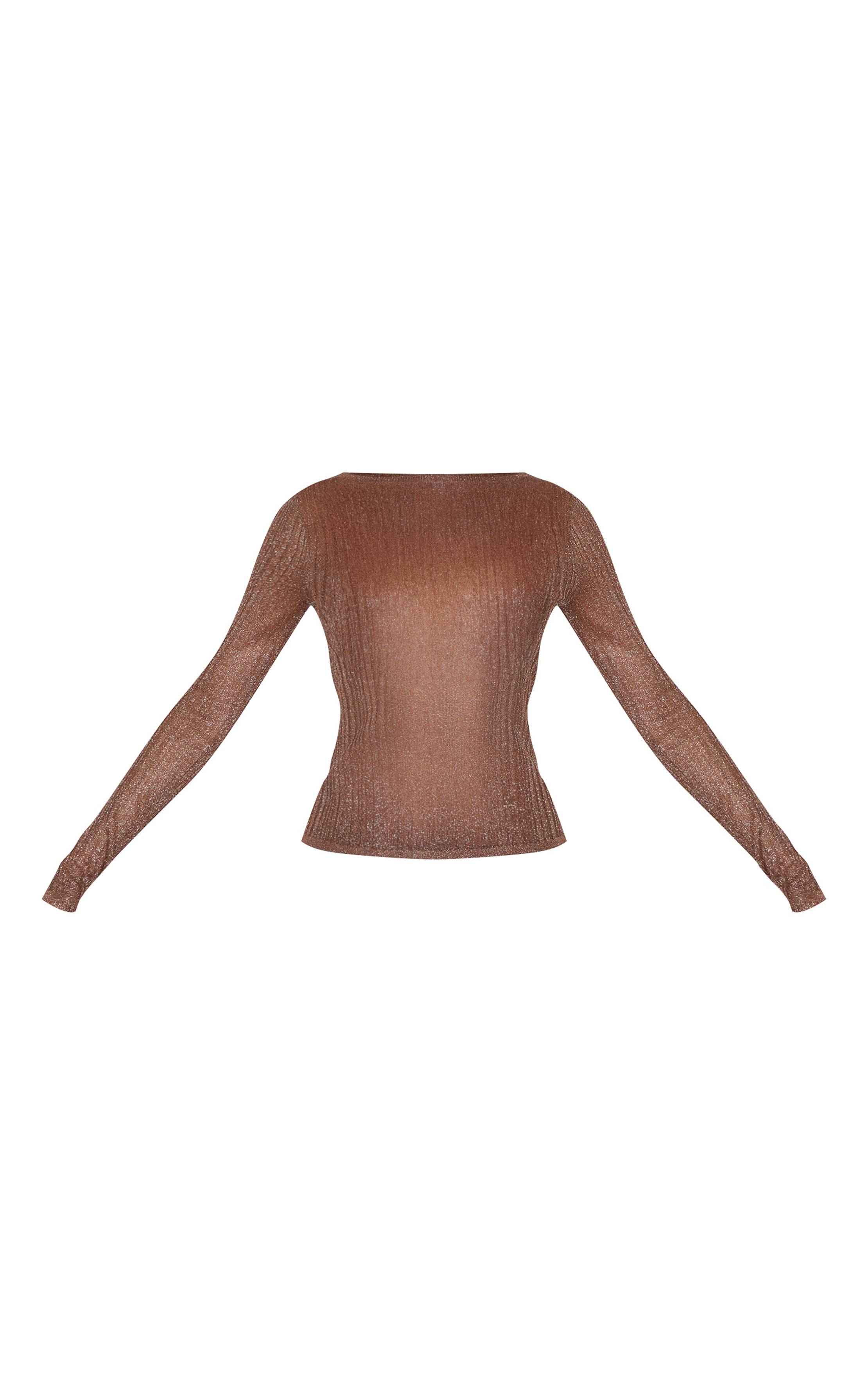 Chocolat Top En Maille Transparente À Manches Longues Et Col Bateau