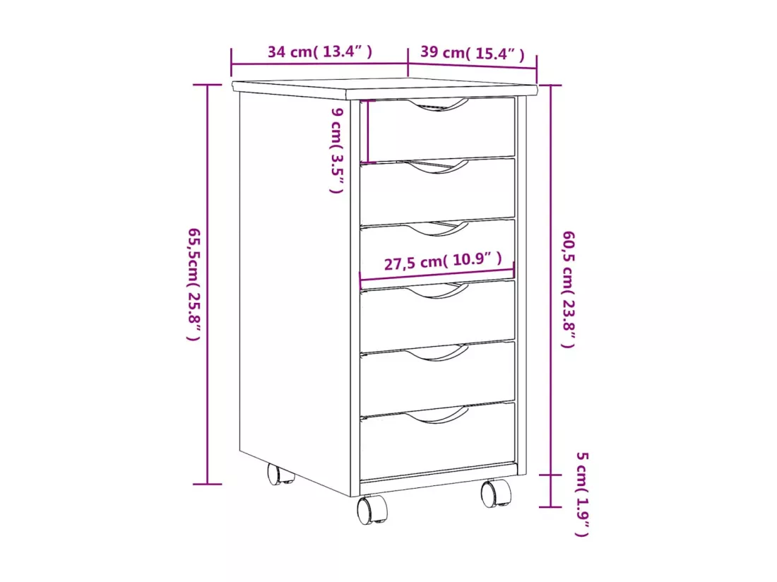 Armoire roulante avec tiroirs MOSS blanc bois de pin solide