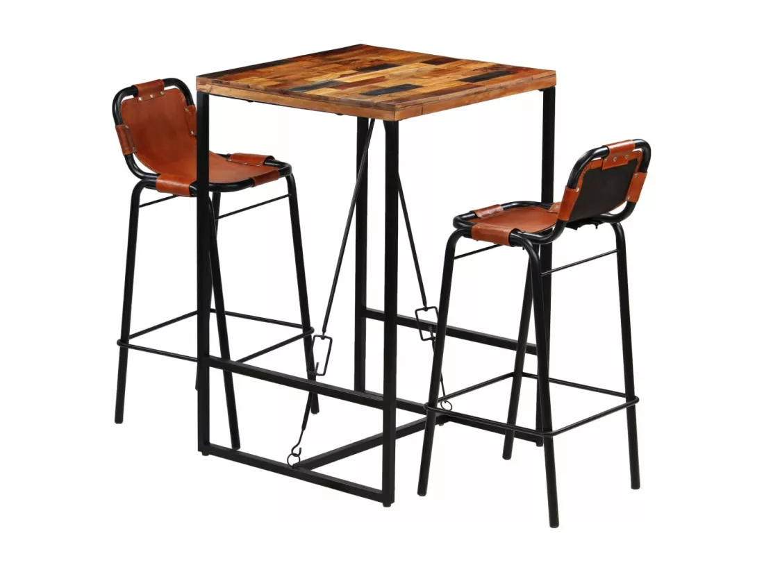Ensemble de bar 3 pcs Bois massif recyclé et cuir de chèvre