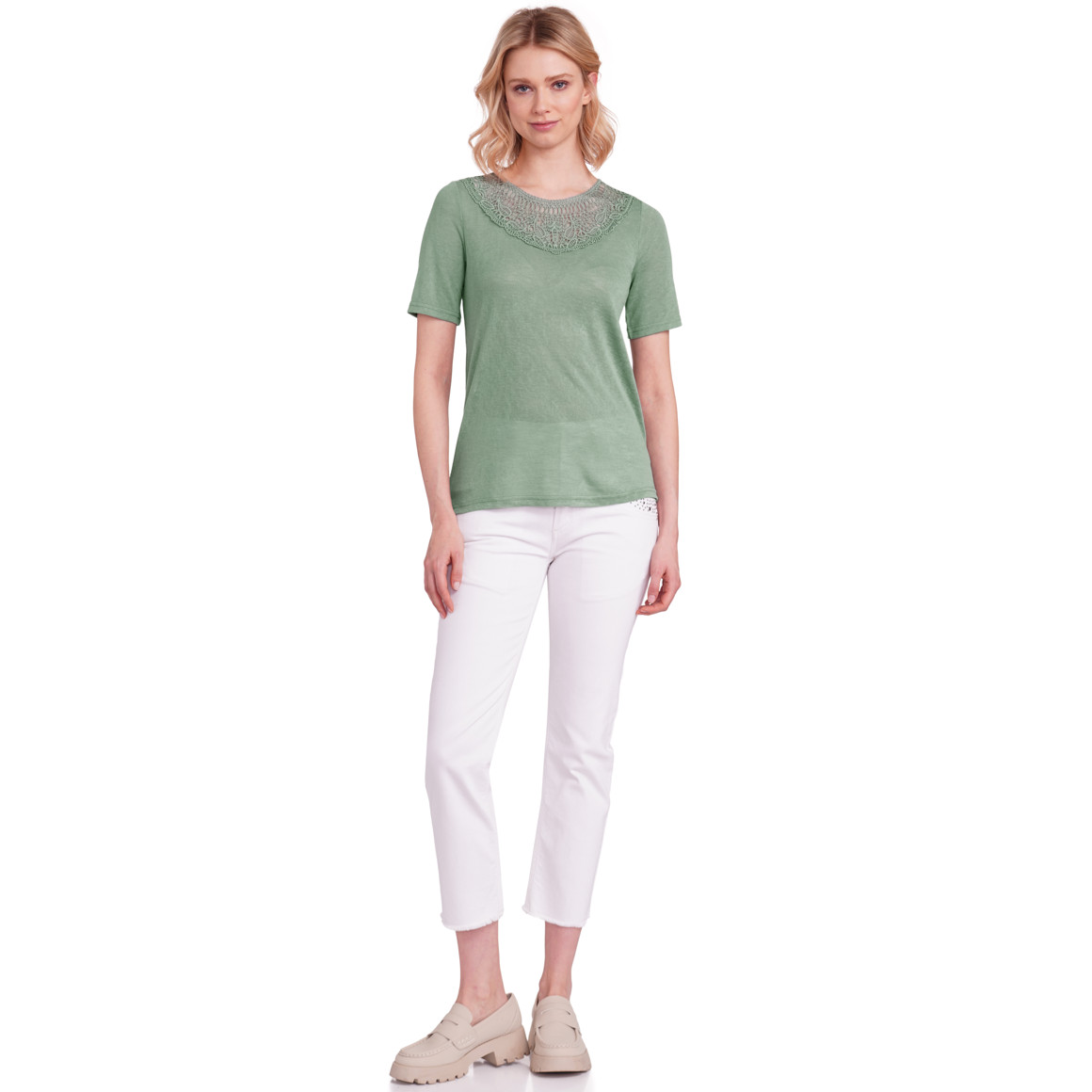 Gina Damen T-Shirt mit Spitzenausschnitt oliv