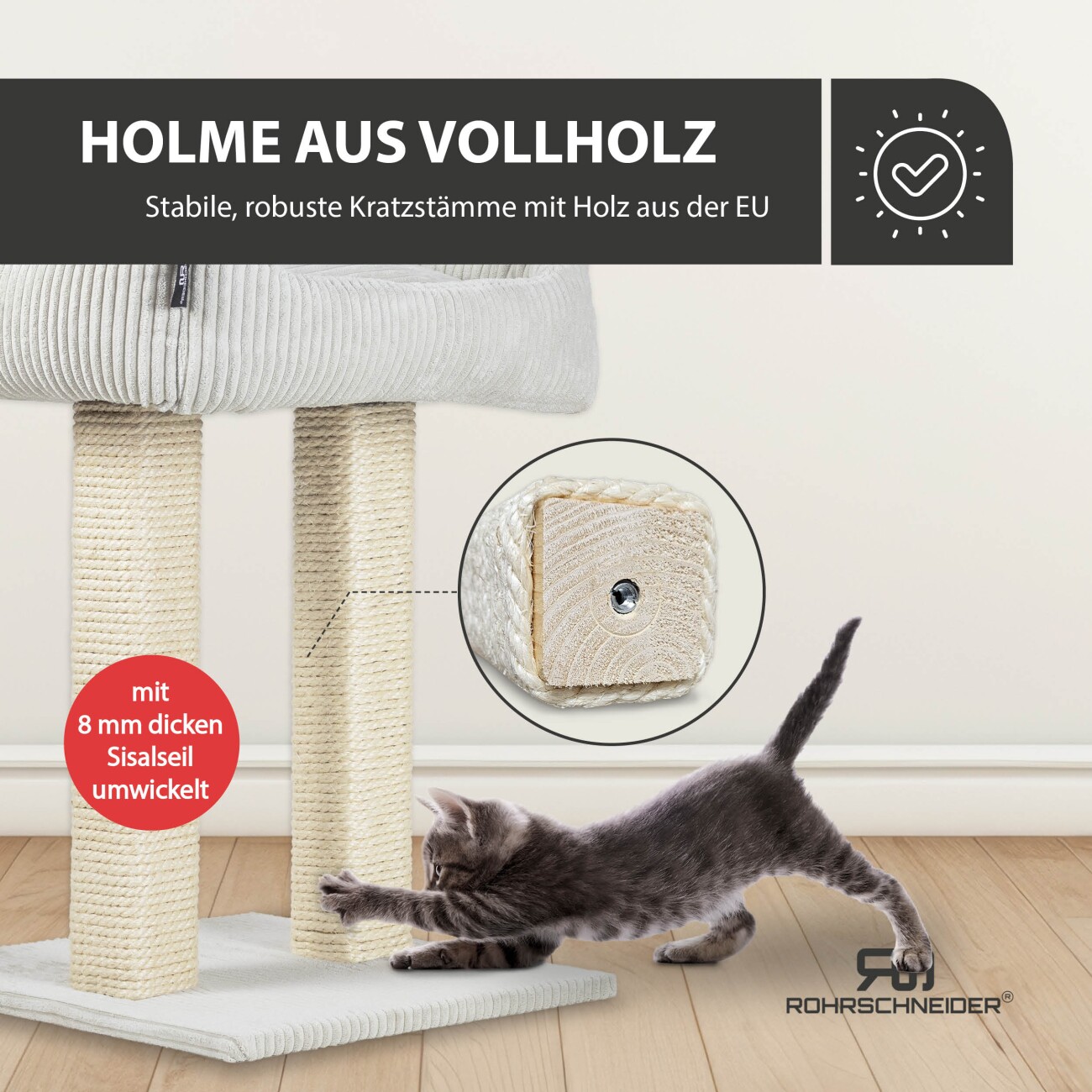 Rohrschneider ® moderner Kratzbaum, Kratzsäulen aus Vollholz, Katzenbett mit Wendekissen