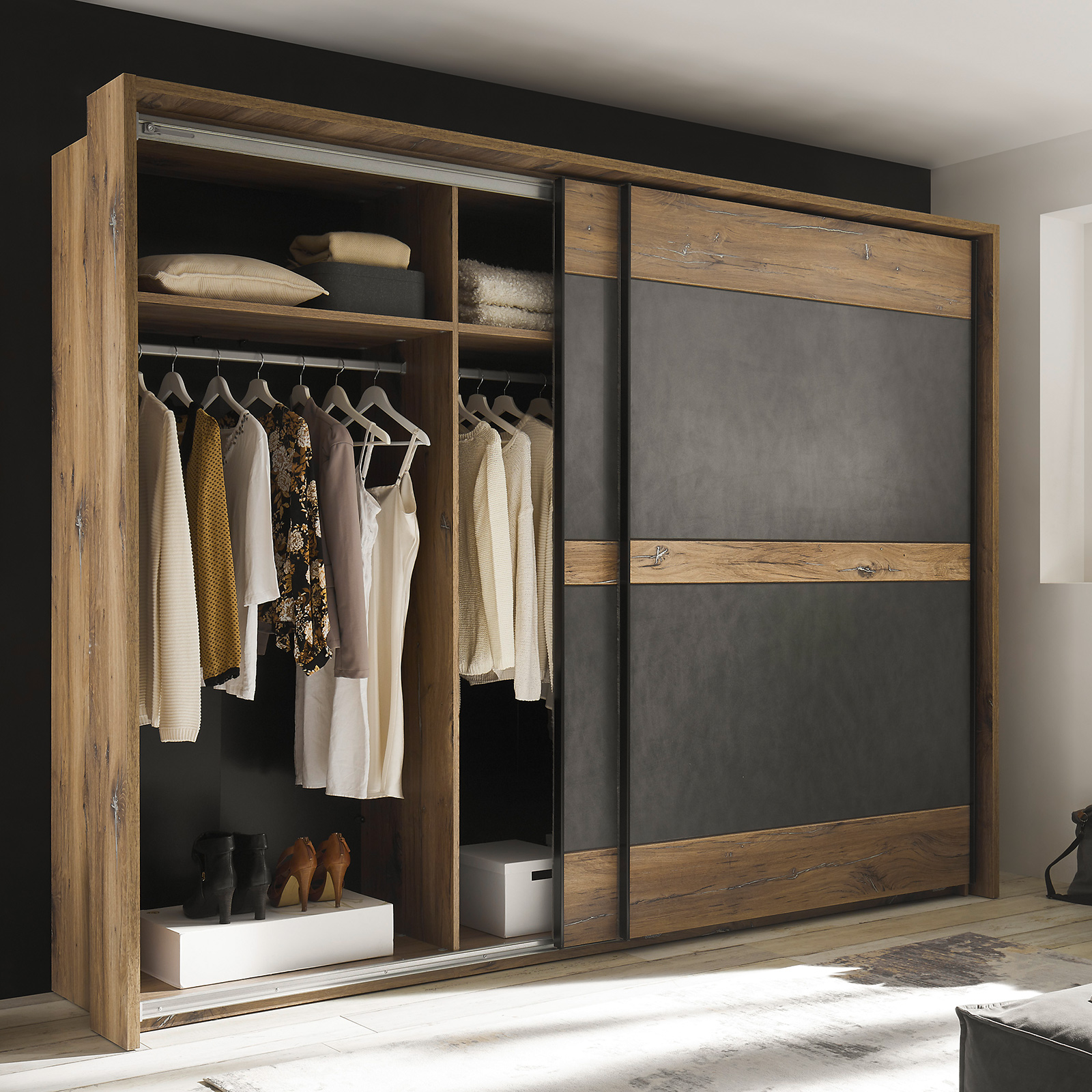 Schwebetürenschrank - Flagstaff Eiche dunkel - Matera- 270 cm