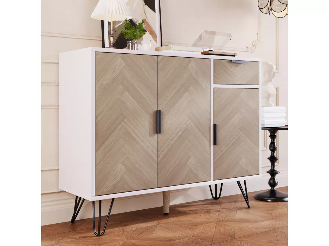 Armoire de rangement moderne, meuble en blanc et imitation bois avec tiroir et étagères réglables en hauteur (90 x 30 x 71,5 cm)