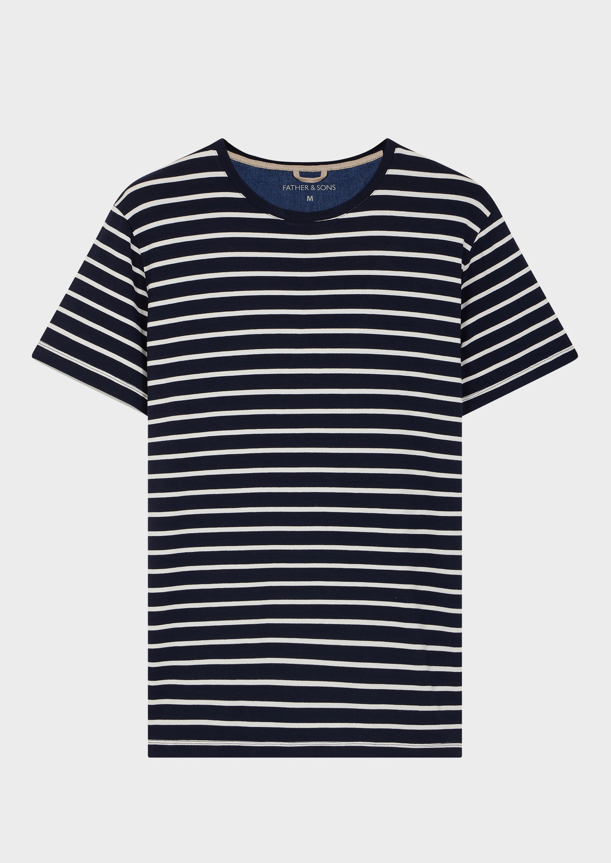 Tee-shirt manches courtes en coton stretch col rond bleu marine à rayures blanches