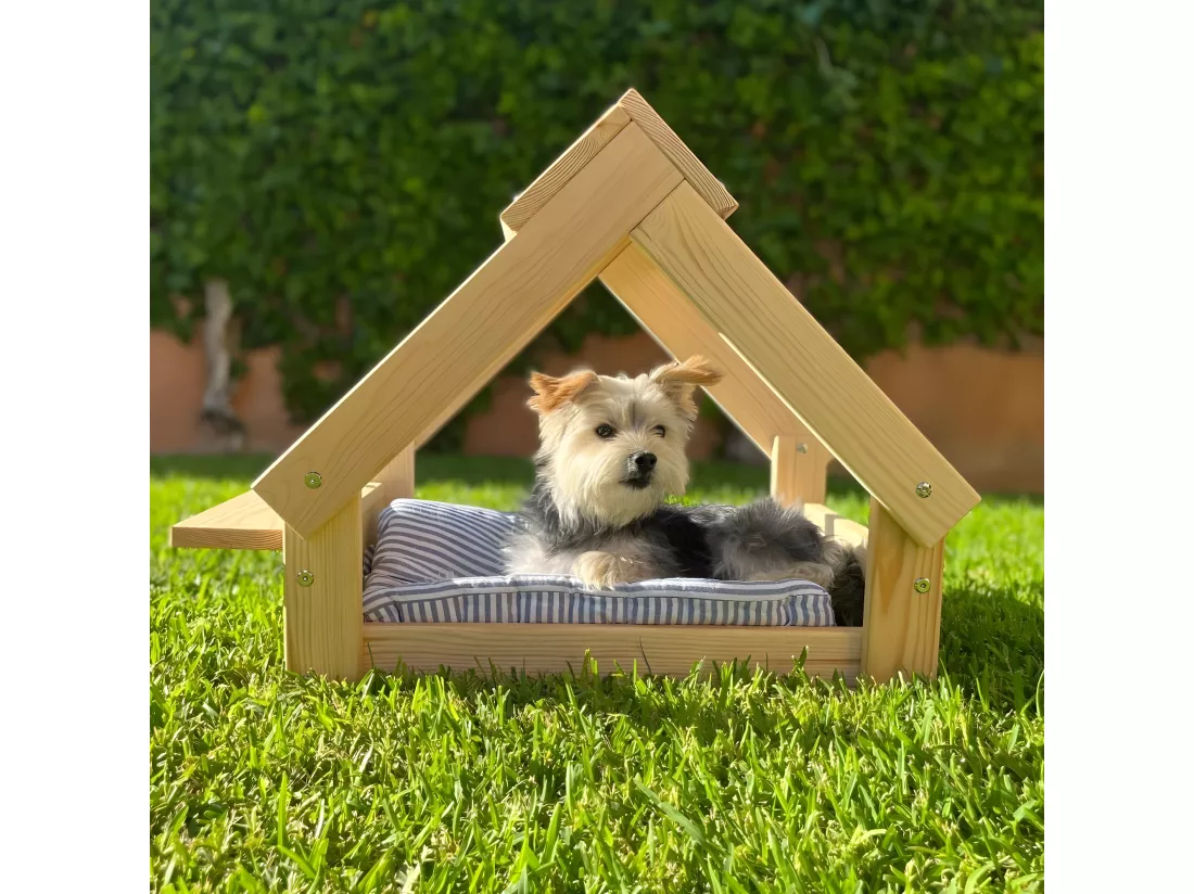 Niche pour chien d'intérieur-extérieur couleur naturelle - Lit avec cadre en bois naturel FSC