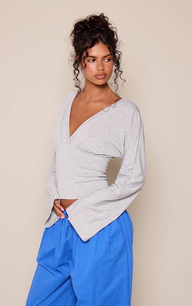 Gris Chiné Top À Manches Longues En Jersey Avec Décolleté Plongeant