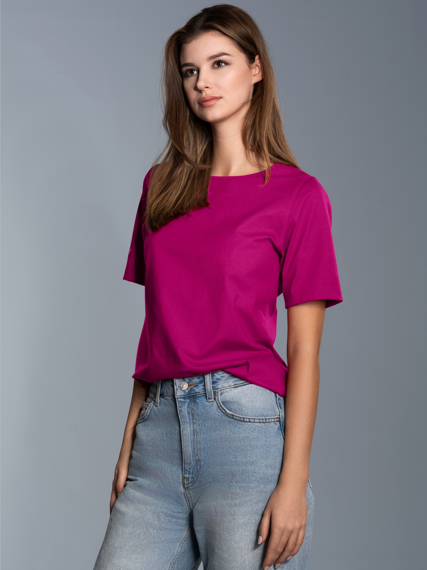 T-Shirt DELUXE Baumwolle mit Kristallsteinen Magenta