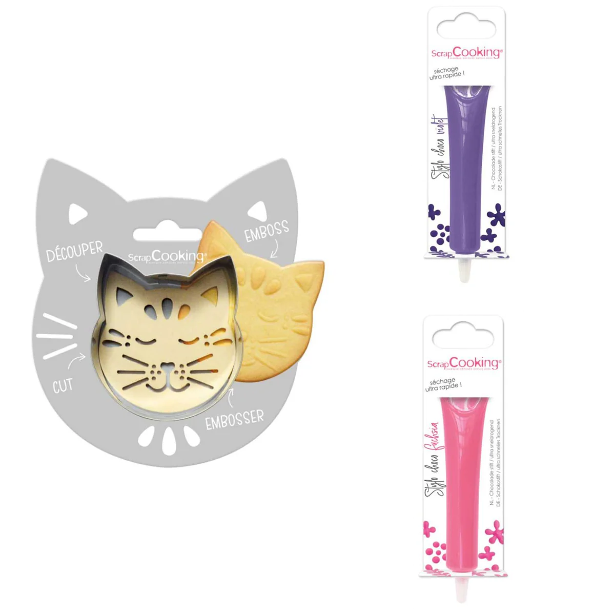 Kit pour biscuit en relief Chat + 2 Stylos au chocolat violet et fuchs