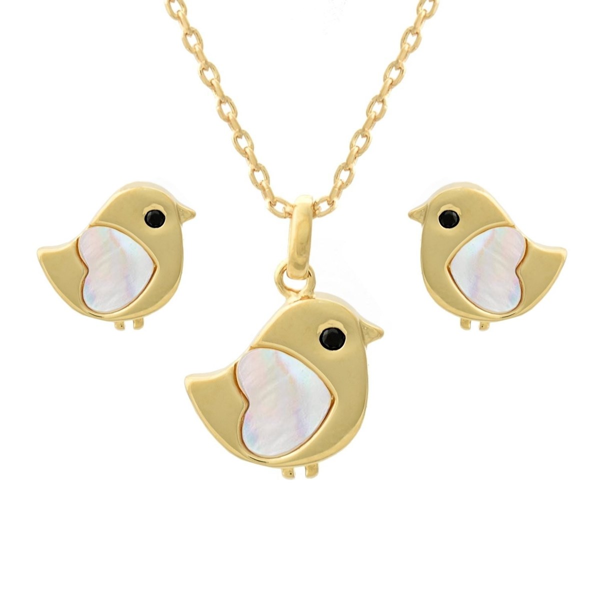 Parure oiseau coeur de nacre oeil oxyde de zirconium noir Plaqué OR 750 3 microns