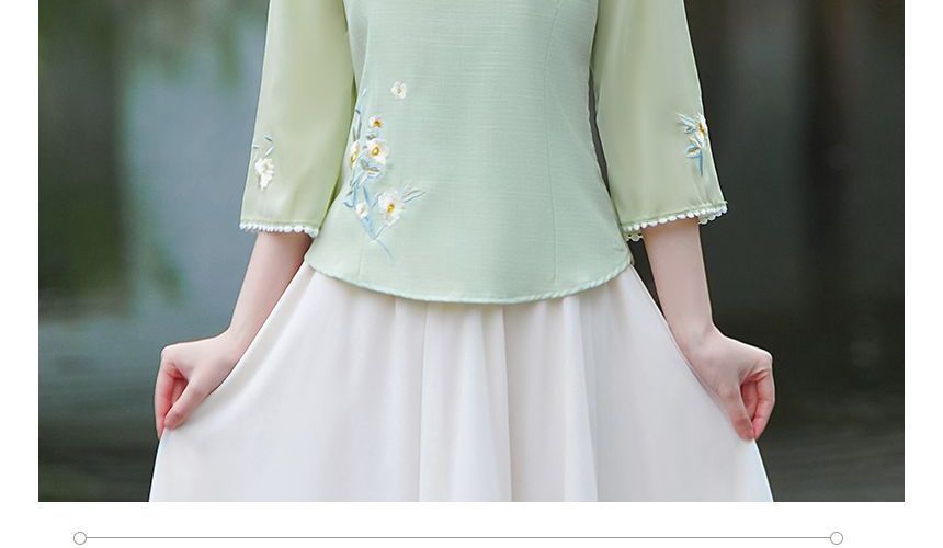 Fioridi - 3/4-mouw V-hals bloemen Hanfu top / Hoge taille midi A-lijn rok / Set