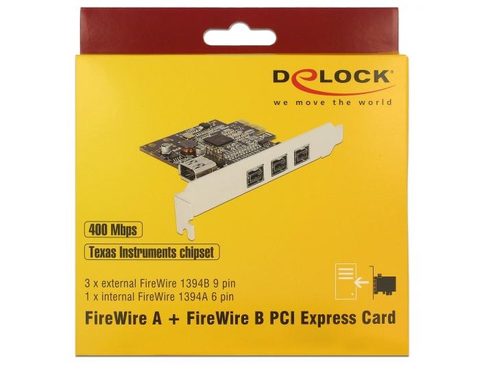 Delock PCI-Express-Karte 3x FW B extern   1x intern FW A PCI Express Karte mit 3 externen FireWire B- und einem internen FireWire A-Anschluss