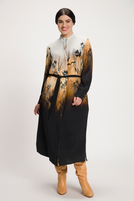 Kleid, Farbverlauf, Bindegürtel, Stehkragen, Langarm