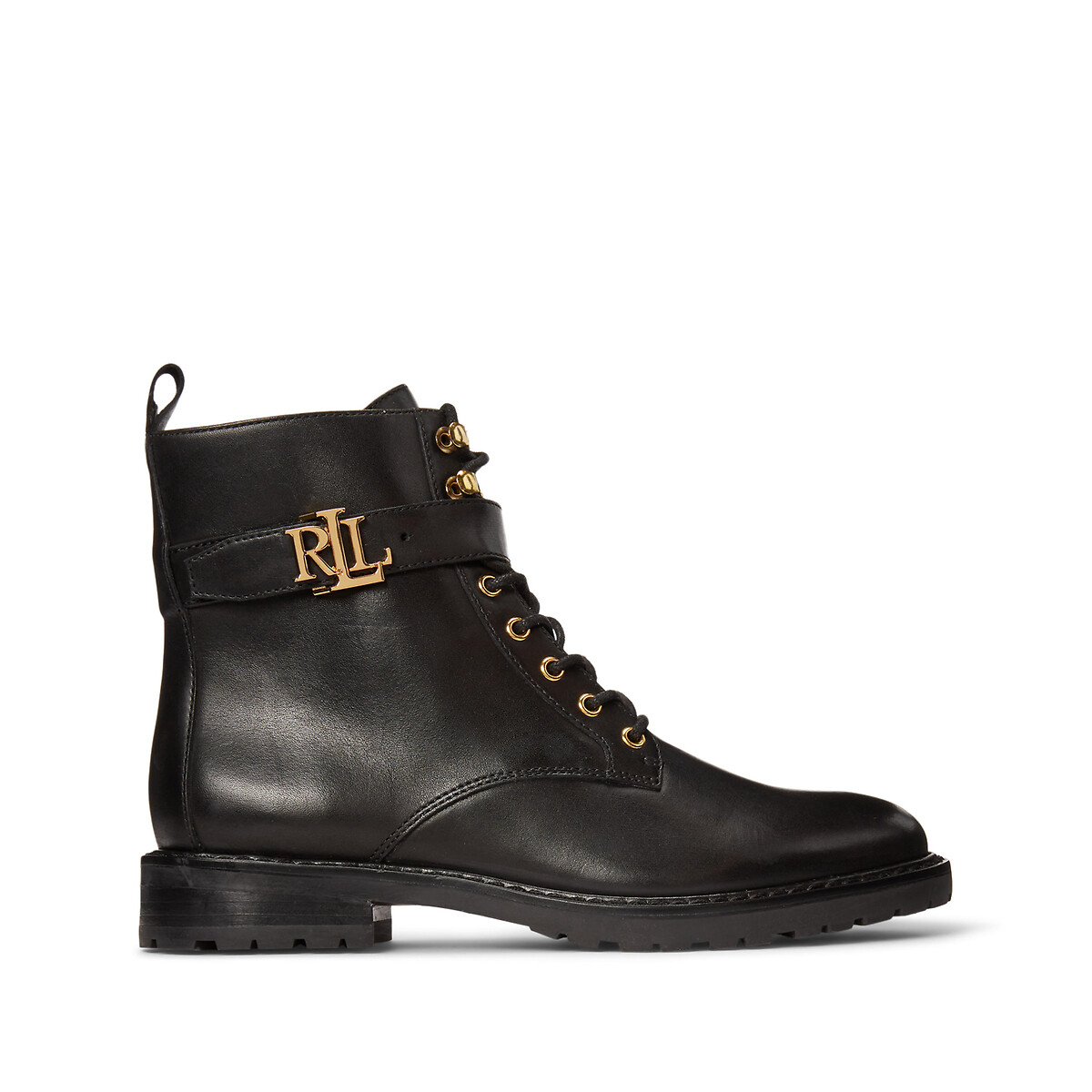 LAUREN RALPH LAUREN<br>Botas de tornozelo em couro Lake-up com pequeno salto laminado