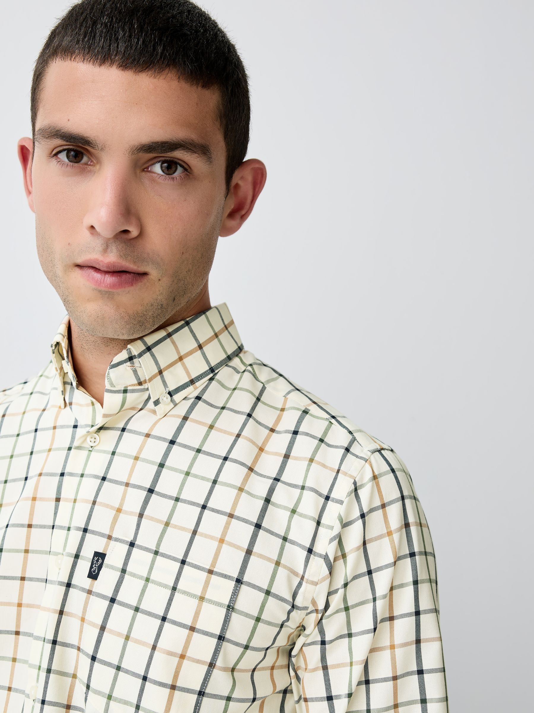 Ecru Tattersall/Neutral Green Gingham - Set van 2 stuks strijkvrije Oxford-overhemden
