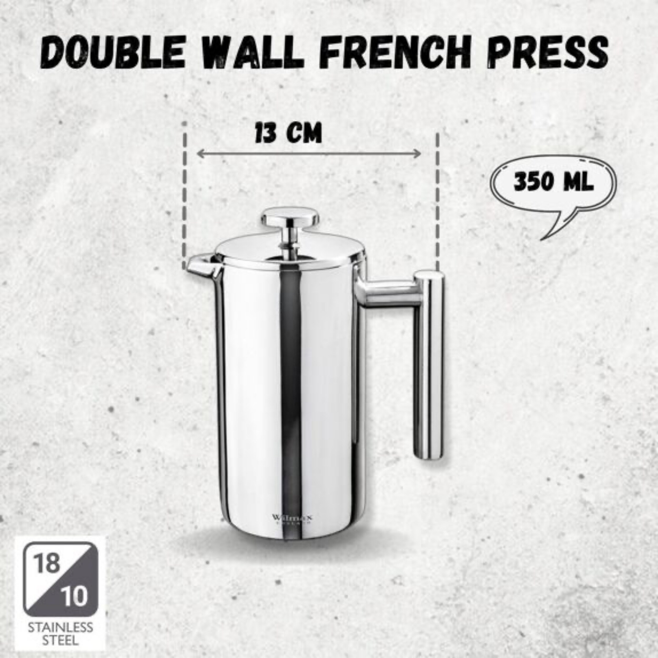 WILMAX doppelwandige French Press aus Edelstahl – 350 ml, elegante Kanne für Kaffee und Tee