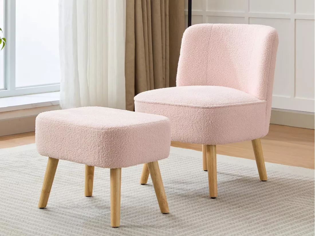 Fauteuil avec repose-pieds - en sherpa - pieds en bois massif - Rose