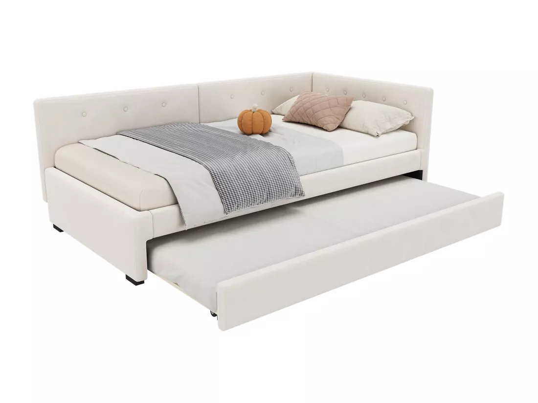 Lit gigogne 140 x 200 cm + 90 x 190 cm avec tête de lit - velours - beige