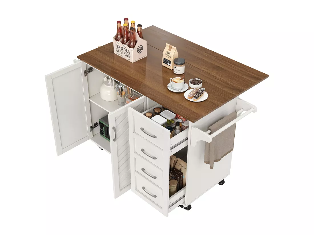 Ilot central de cuisine - chariot à roulette avec plateau extensible - 2 tiroirs et 2 portes - Blanc