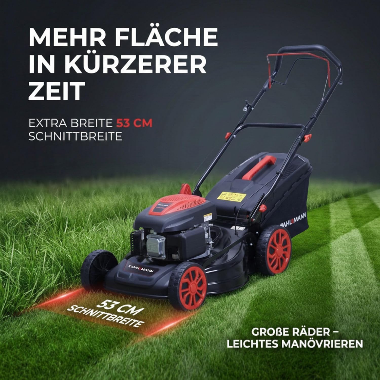 STAHLMANN Rasenmäher Benzin mit Antrieb BR532 – 7,0PS (5,1kW) 223ccm mit Antrieb, 53cm Schnittbreite, Mulchen, Schnitthöhenverstellung, Easy Clean Anschluss, Große Räder, 60L Korb