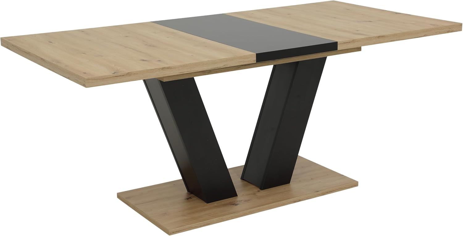 Hela Tische, Ausziehbarer Esstisch Hamm, Dekor Artisan Eiche und Schwarz, 140-180 x 90 cm, V-förmiges Gestell, Synchronauszug, Melaminbeschichtung und ABS Kante