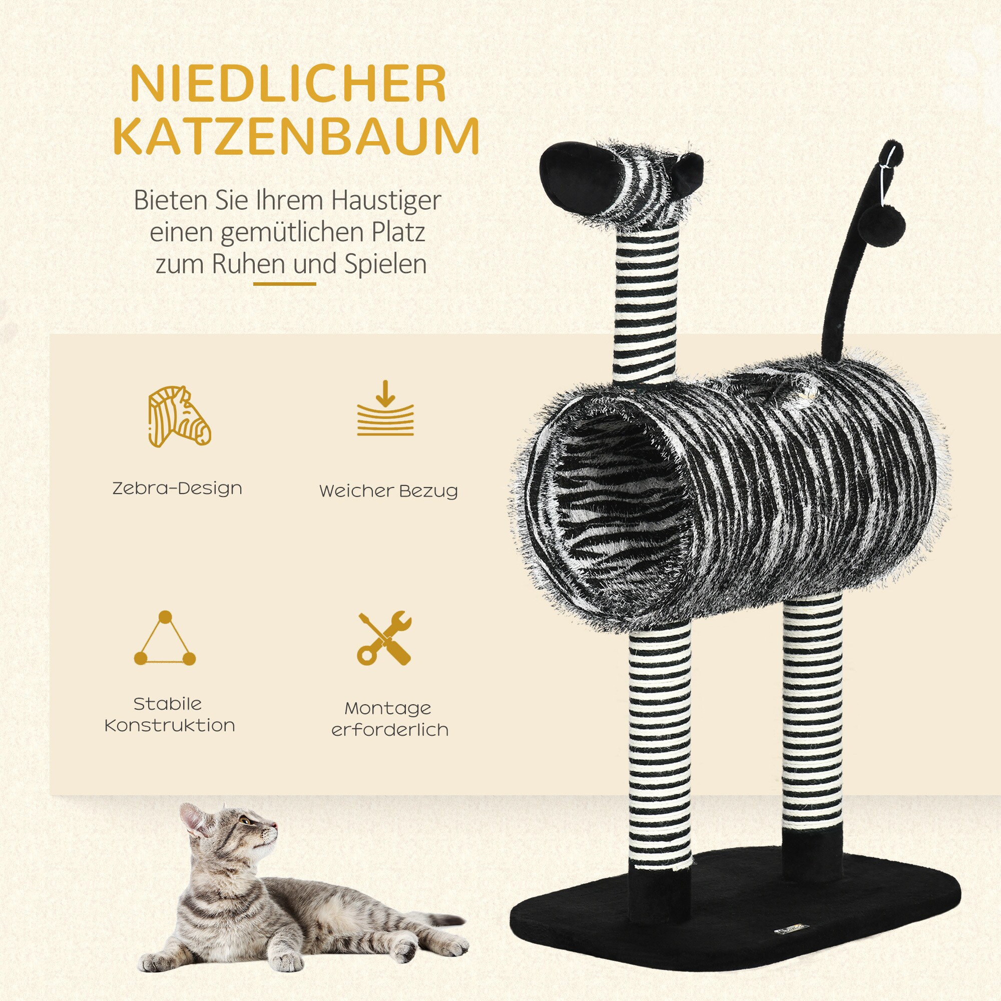 PawHut Kratzbaum mit Katzentunnel schwarz, weiß 48,5L x 35B x 93H cm