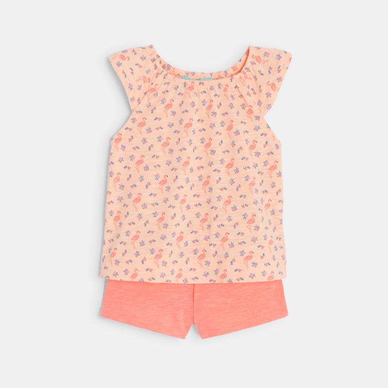 T-shirt flamant rose et short bébé fille Orange