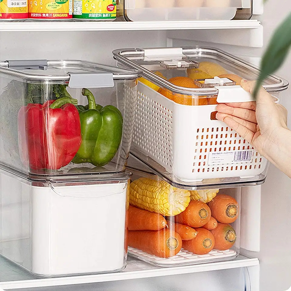 (3er Set) Gemüse Sieb Behälter Obst Kühlschrank Organizer Früchte Frischhalte Körbe - Weiss