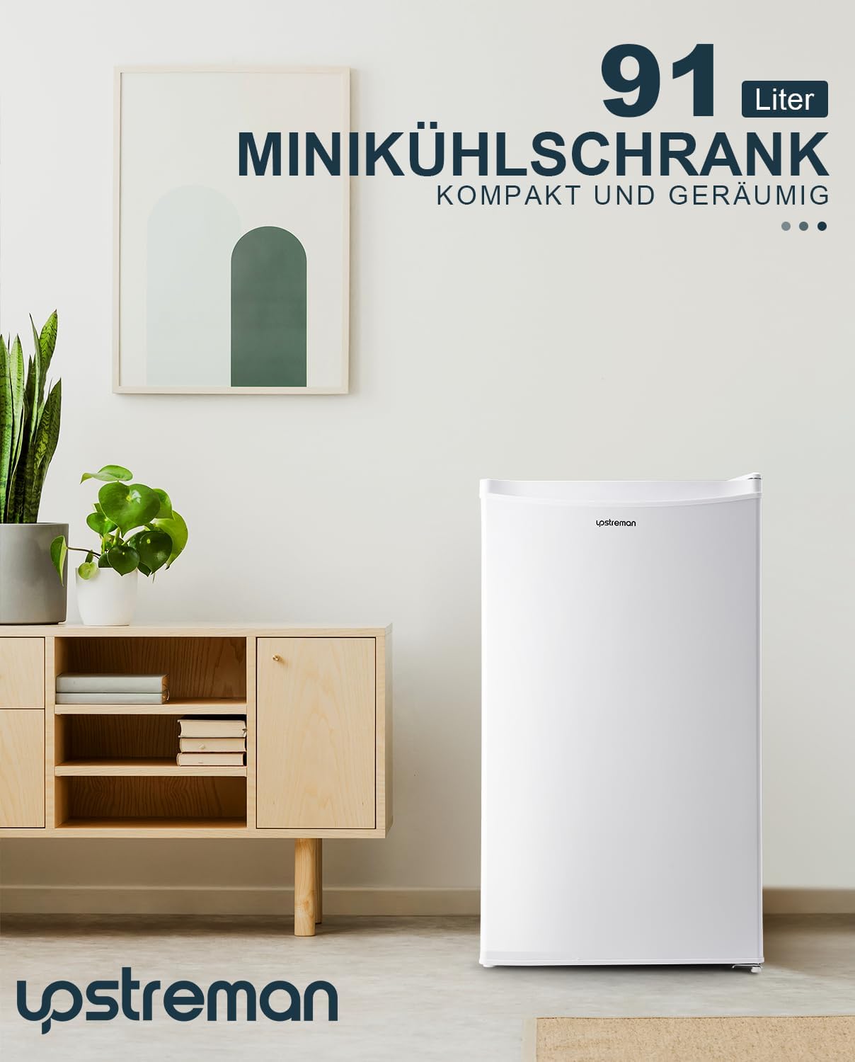 Upstreman 91L Kleiner Kühlschrank mit Schnellkühlfach, 5 Temperaturstufen (1-8℃), Energieeffizient, 41 dB Leiser Betrieb, Kompakt Geräumig für Studentenwohnheim/Büro