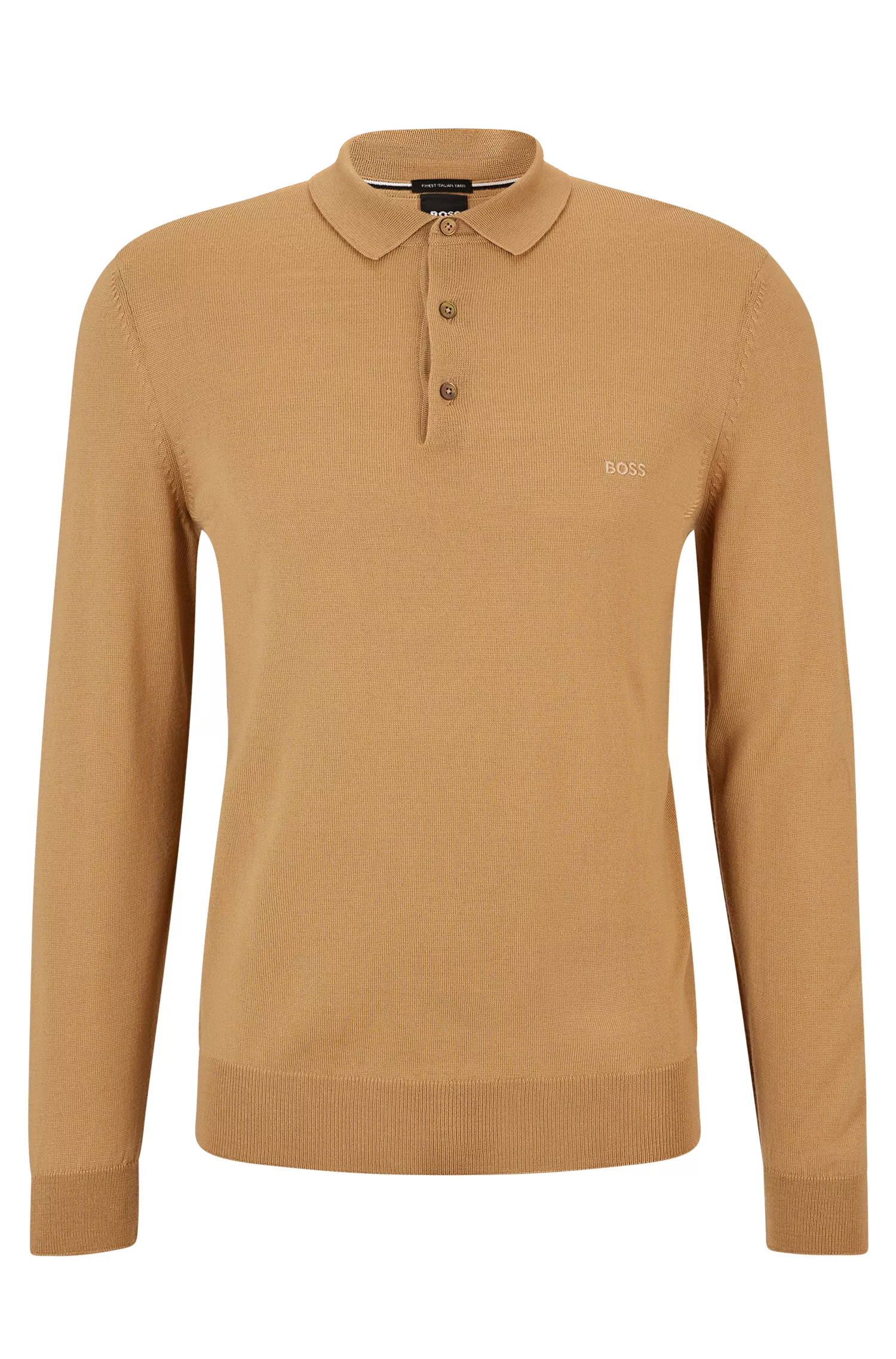 Suéter BOSS preto estilo polo em lã virgem com logotipo bordado.