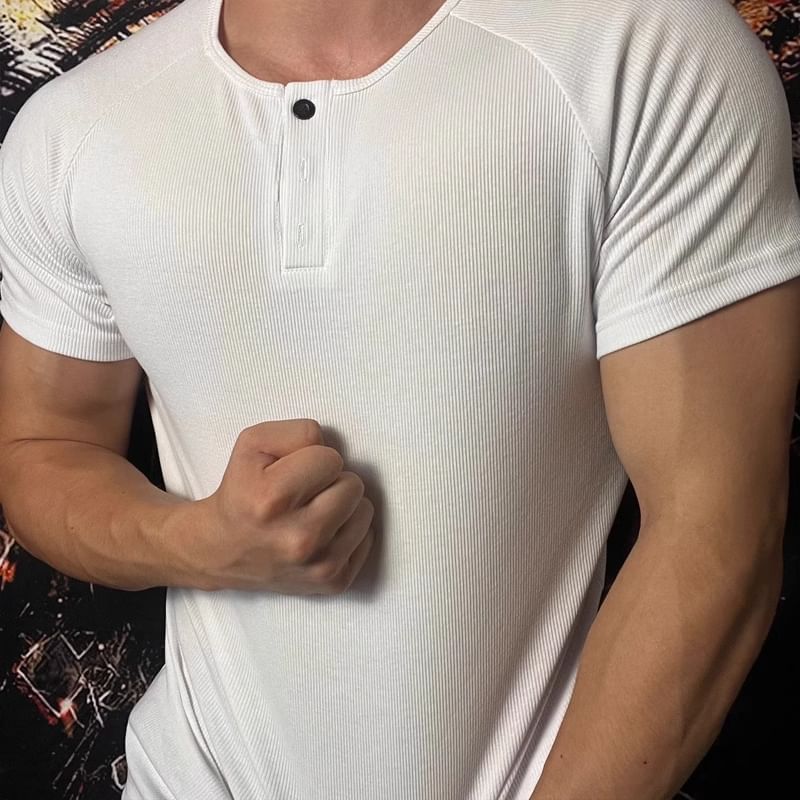 fluffush - Henley effen geribbeld T-shirt met korte mouwen