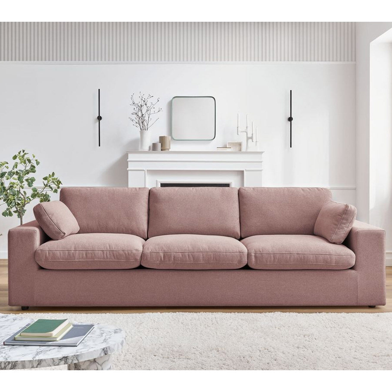 Bobochic Canapé droit fixe 3 places belair rose - 250x93x80 cm