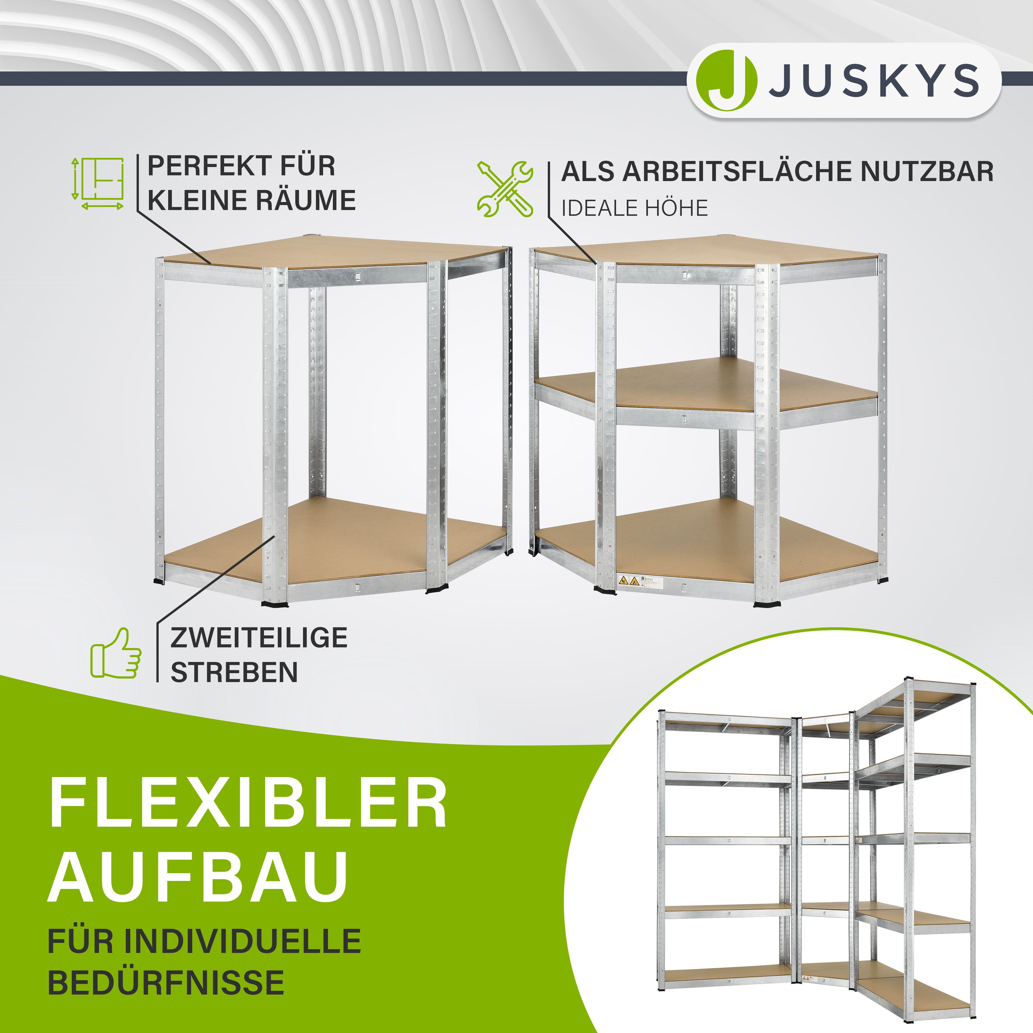 Juskys 3er Metall Regalsystem | 1 Eckregal & 2 Lagerregale | 15 Böden aus MDF Holz | 2625 kg