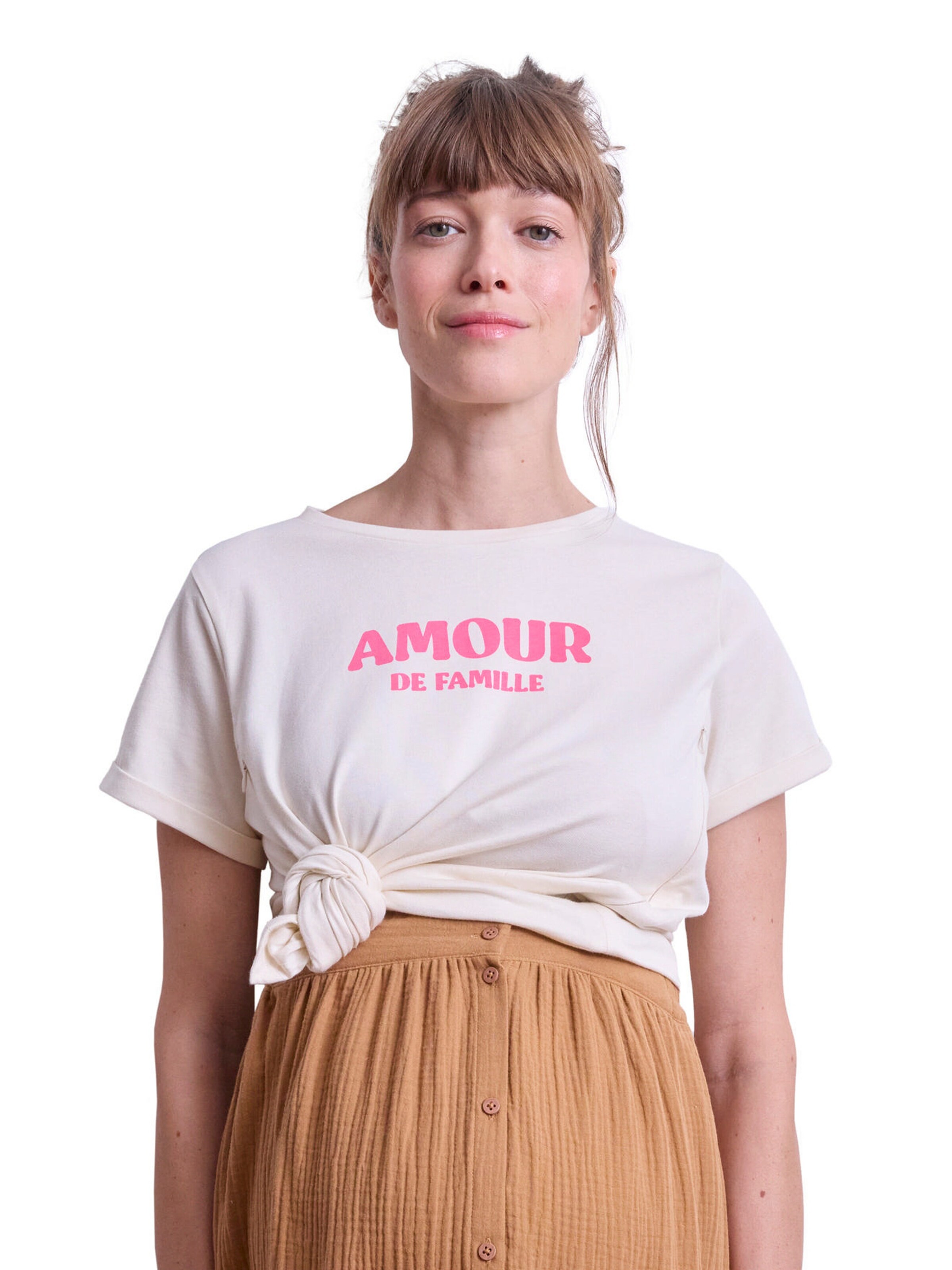 Vertbaudet T-Shirt für Schwangerschaft & Stillzeit Bio-Baumwolle wollweiß/amour de famille