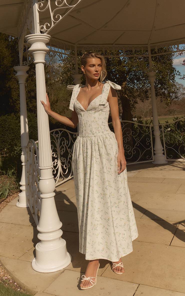 Blanc Robe Patineuse Midaxi À Corsage Imprimé Fleuri Ditsy