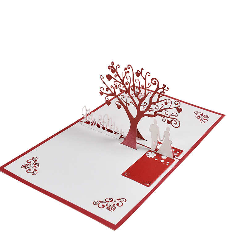 Hochzeits Glückwunschkarte Brautpaar unter Baum Pop-Up Doppelkarte   Umschlag - Rot