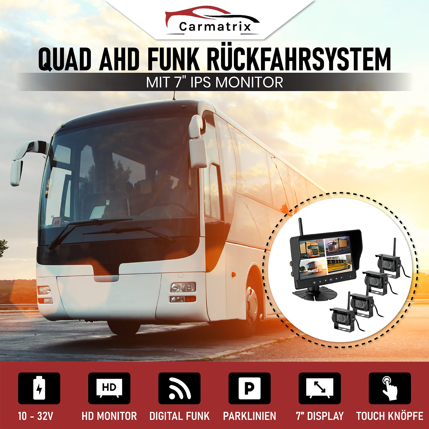 CARMATRIX AHD QUAD DVR 4 Kanal Funk Rückfahrsystem Digital Auto Wohnmobil Monitor mit Mikrofon (4 Kameras)