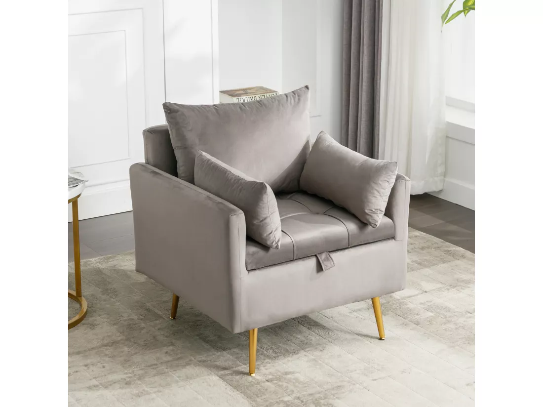 Fauteuil, pouf avec rangement - 71 x 71 x 76 cm - Tissu en velours - Pieds en métal doré - Gris