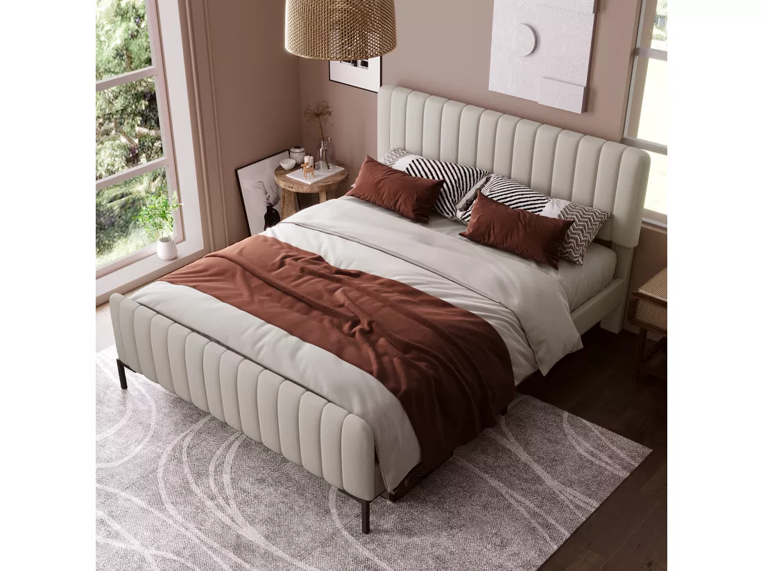 Lit adulte rembourré en tissu lin - 140x200 cm - avec tête de lit réglable et sommier à lattes - Gris clair