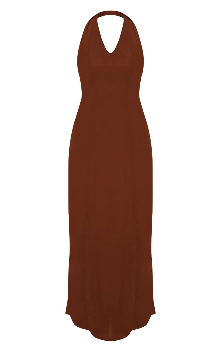 Marron Robe Longue Ajustée À Encolure Ronde Dos Nu Avec Perles Chocolat
