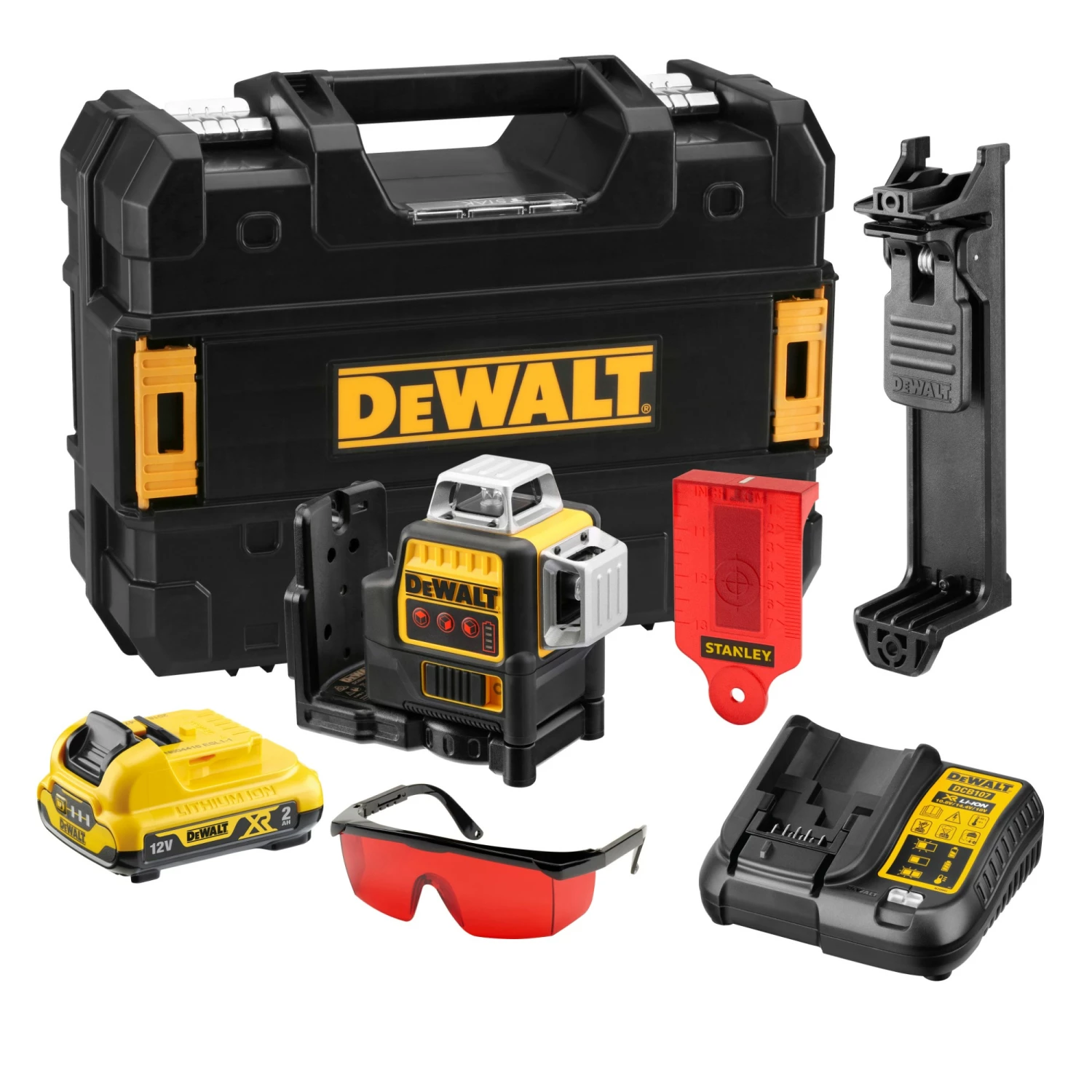 DeWALT DCE089D1R 10,8V Li-Ion accu zelfnivellerende 3x360° graden multilijnlaser set (1x 2.0Ah accu) in koffer - 3 lijnen - 15m - rood