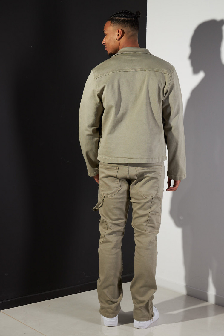 Ensemble 2 pièces veste + jean kaki à motif losange