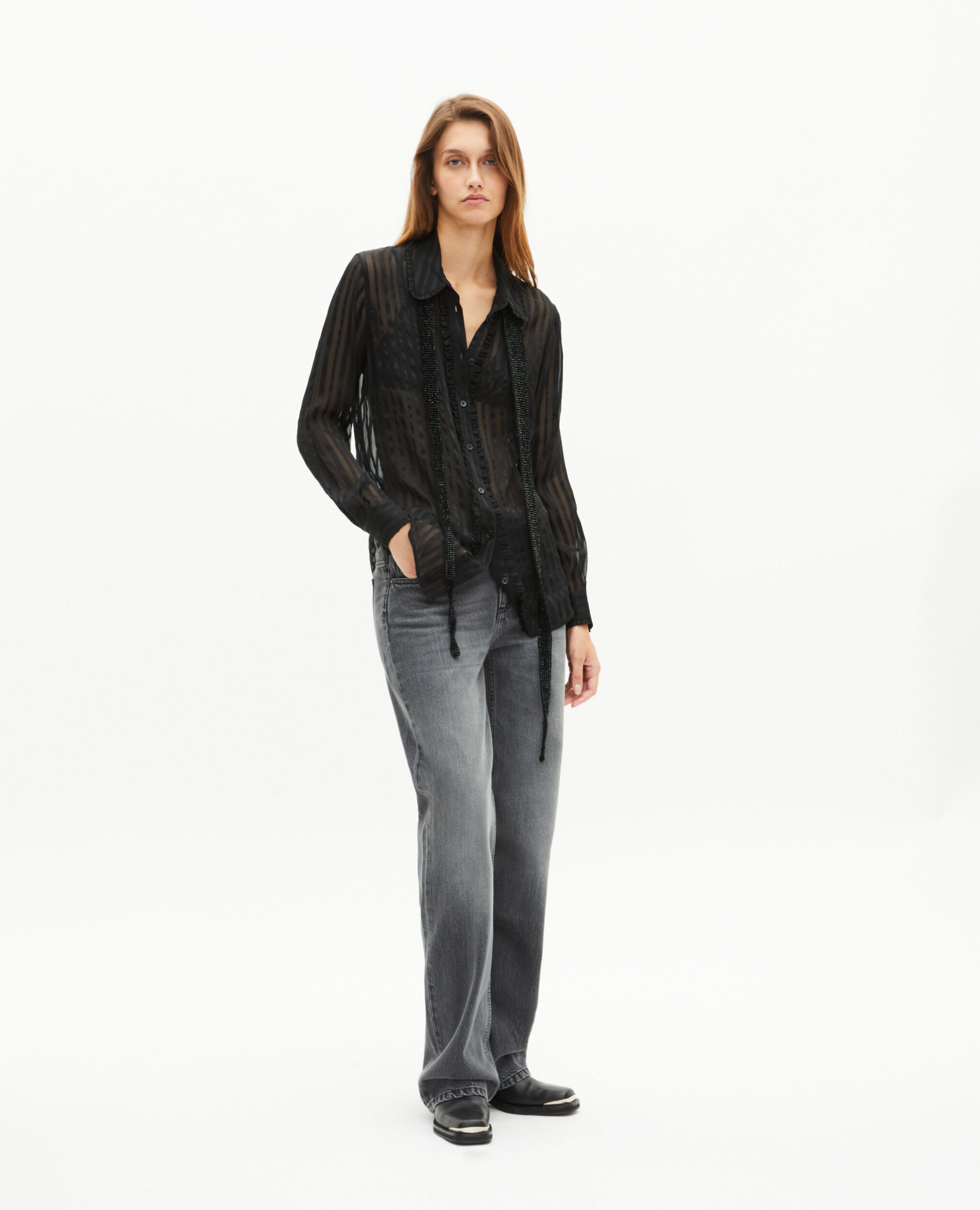 Chemise avec volants en soie noire